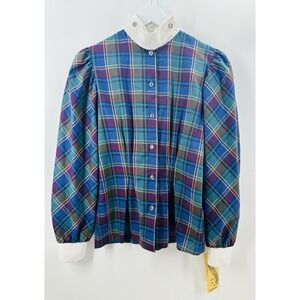 VTG 80s Underground SF Plaid Blouse Puff Sleeve Edwardian Revival Cuffs AB10 NWT